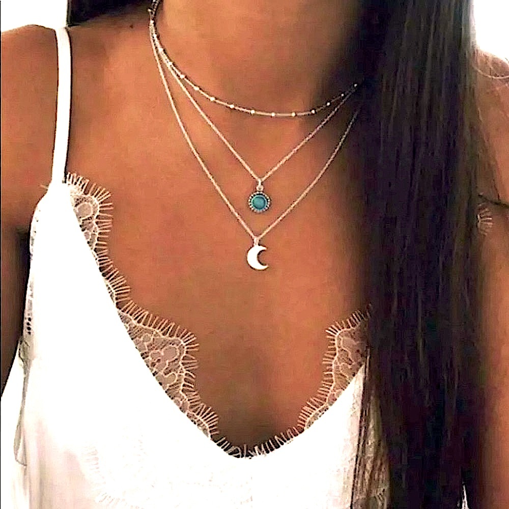 Silver moon turquoise layer Boho necklace NWT